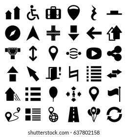 Navigation icons set. set of 36 navigation filled icons such as arrow up, road, man move, disabled, navigation arrow, pin on globe, distance, flag, luggage, music pause, pause