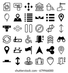 Navigation icons set. set of 36 navigation filled and outline icons such as escalator, road, man move, navigation arrow, location pin, location, binoculars, flag, music pause