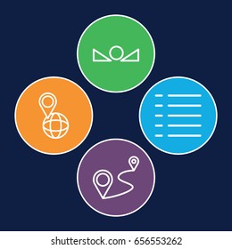 Navigation icons set. set of 4 navigation outline icons such as pin on globe, distance, menu