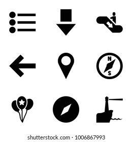 Navigation icons. set of 9 editable filled navigation icons such as compass, arrow down, back, location, balloon, lighthouse, escalator down