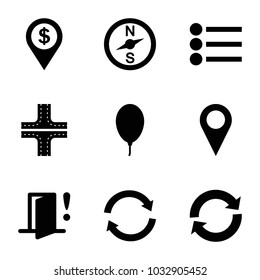 Navigation icons. set of 9 editable filled navigation icons such as road, compass, reload, location, balloon, door warning, dollar location