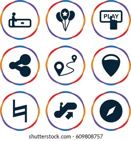 Navigation icons set. set of 9 navigation filled icons such as escalator, escalator up, Finger pressing play button, distance, pause, balloon, location, compass