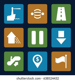 Navigation icons set. set of 9 navigation filled icons such as escalator up, road, flag, pause, arrow up, lighthouse, dollar location, atom interaction