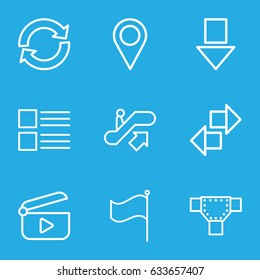 Navigation icons set. set of 9 navigation outline icons such as escalator up, road, flag, location pin, play, menu, arrow down, arrow