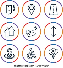 Navigation icons set. set of 9 navigation outline icons such as map location, disabled, distance, road, balloon, door warning, arrow up, arrow