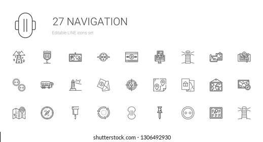 navigation icons set. Collection of navigation with button, pin, compress, repeat, compass, map, route, radar, lighthouse, bus, buttons. Editable and scalable navigation icons.