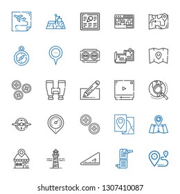 navigation icons set. Collection of navigation with location, scroll, set square, lighthouse, placeholder, map, buttons, compass, explore. Editable and scalable navigation icons.