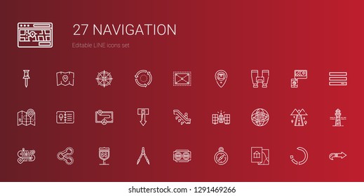 navigation icons set. Collection of navigation with map, compass, vision, route, share, road, internet, satellite, escalator, download. Editable and scalable navigation icons.