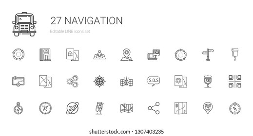 navigation icons set. Collection of navigation with map, share, gps, travel, compass, sos, satellite, repeat, placeholder, crossroads. Editable and scalable navigation icons.