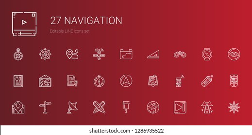 navigation icons set. Collection of navigation with next, travel, pin, marker, radar, directions, location, street map, navigator, compass. Editable and scalable navigation icons.