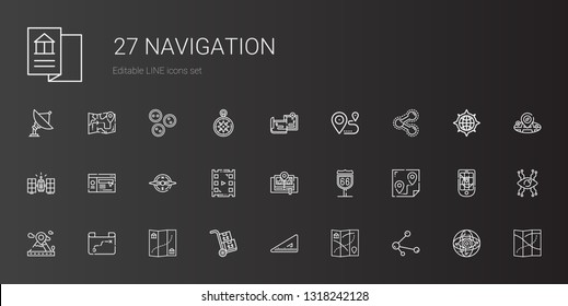 navigation icons set. Collection of navigation with share, map, set square, packs, placeholder, route, video player, compass, website. Editable and scalable navigation icons.