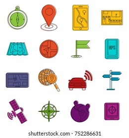 Navigation icons set. Doodle illustration of vector icons isolated on white background for any web design