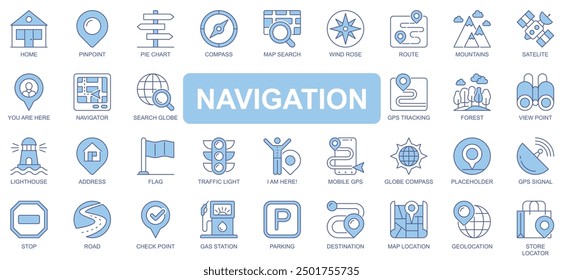 Navigation icons set in duotone outline stroke design for web. Pack pictograms of home, pin point, compass, map, search, wind rose, route, mountains, gps tracking, forest, other. Vector illustration.