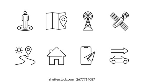 Navigation icons set featuring map, gps, mobile, and satellite in linear style