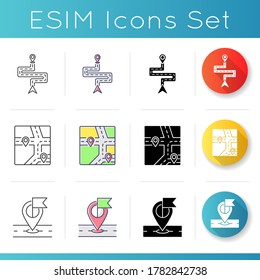 Navigation icons set. Land, nautical and aeronautical navigation system. Linear, black and RGB color styles. Route tracking, GPS map and destination marker. Isolated vector illustrations