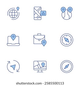 Navigation icons set. Line Duotone style, editable stroke. gps, pin, navigation, around the world, compass.