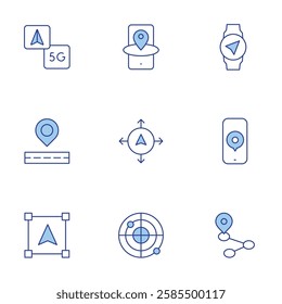 Navigation icons set. Line Duotone style, editable stroke. gps, navigation, radar, location, object, route, smartphone, wristwatch.