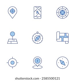 Navigation icons set. Line Duotone style, editable stroke. charge, navigation, gps, guidance, map, targeting, point, compass.