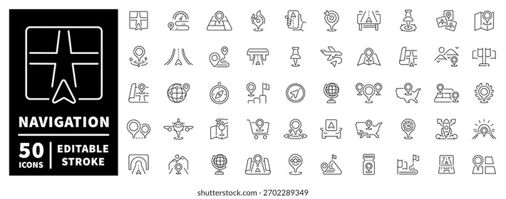 Conjunto de iconos de navegación. iconos de línea lineales, editables, símbolos de dirección y GPS