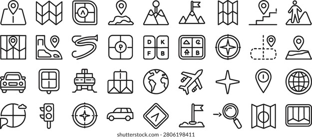 Navigation Icons Set with Location, Maps, Compass, Transport Signs, and Directional Symbols for Route Planning Concept