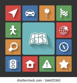 Navigation icons set of map search direction path, squared with long shadows isolated vector illustration