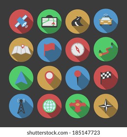 Navigation icons set of pin wind rose radio tower route map isolated vector illustration