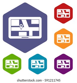 Navigation icons set rhombus in different colors isolated on white background