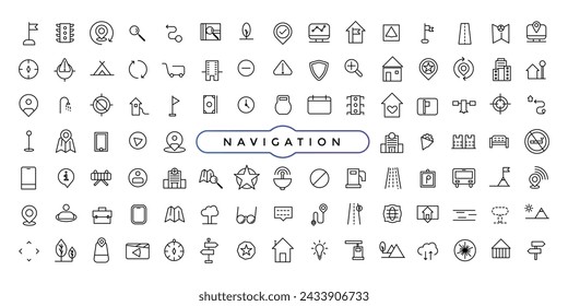 Navigation icons set. Thin line icons for business, marketing, social media, UI and UX, finance and banking, navigation, mobile app.