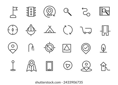 Conjunto de iconos de navegación. Iconos de línea fina para negocios, marketing, redes sociales, UI y UX, finanzas y banca, navegación, aplicación móvil.