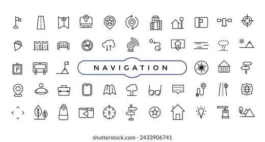 Navigation icons set. Thin line icons for business, marketing, social media, UI and UX, finance and banking, navigation, mobile app.