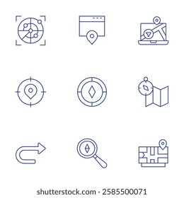 Navigation icons set. Thin Line style, editable stroke. radar, target, turn right, browser, compass, discover, laptop, map, navigation.