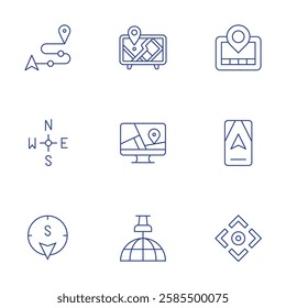 Navigation icons set. Thin Line style, editable stroke. wind rose, gps, navigator, navigation, pin, scroll, gps navigator, route.