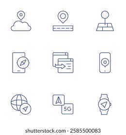 Navigation icons set. Thin Line style, editable stroke. cloud, compass, global, location, navigation, point, smartphone, wristwatch.