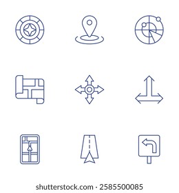 Navigation icons set. Thin Line style, editable stroke. guidance, location, map, navigation, radar, t junction, turn left.