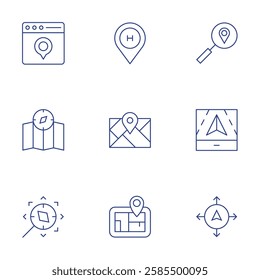 Navigation icons set. Thin Line style, editable stroke. browser, compass, discover, hospital, magnifying glass, map, navigation.