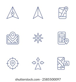 Navigation icons set. Thin Line style, editable stroke. arrow, compass, directions, gps, map, navigation, position, street map, target.