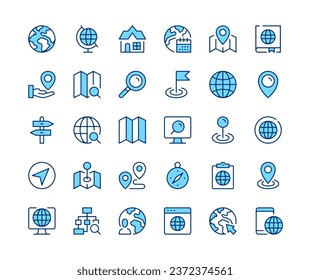 Navigation icons set. Vector line icons. Blue color outline stroke symbols. Modern concepts