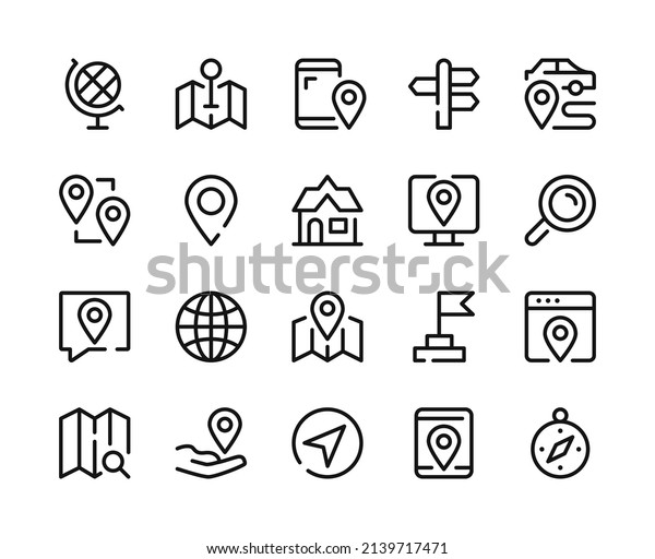 Navigation icons. Vector line icons set. Location,\
GPS, map concepts. Outline symbols, linear graphic elements. Modern\
design