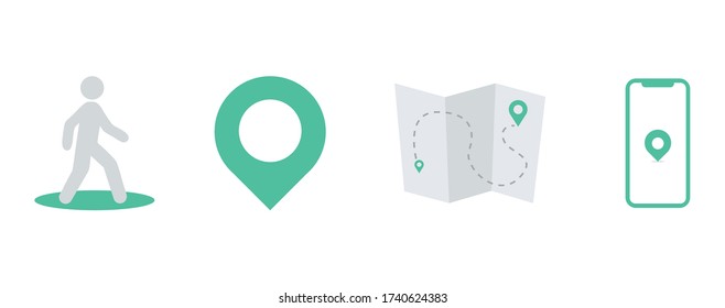 Iconos de navegación: mapa vectorial, peatón, smartphone y ubicación aislada en fondo blanco.