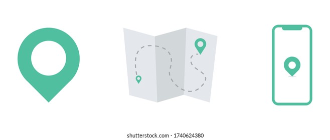 Navigation icons: vector map, smartphone and location isolated on white background.