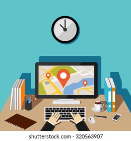 Navigation illustration. Location finding and map marker concept.  
