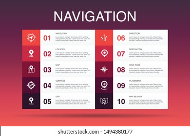 Navigation Infographic 10 option template. location, map, gps, direction icons