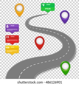 Navigation infographics design. Concept with car road. Roadmap with map pins sign or markers. Vector illustration