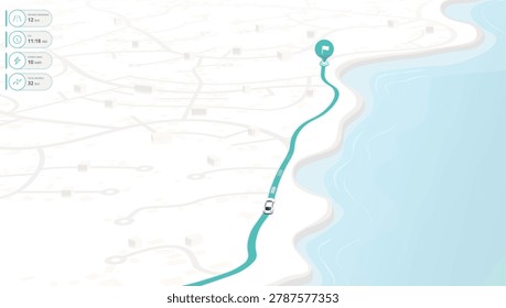 Navigation interface with car following turquoise route along coast to flag pin on light city map