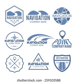 Navigation label grey set with route search global positioning system elements isolated vector illustration