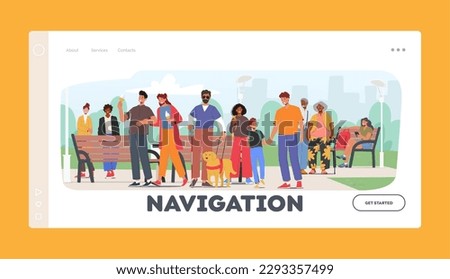 Navigation Landing Page Template. Blind Man Navigates The Park With His Guide Dog, Moving Through The Pathways And Enjoying Walk With Confidence And Independence. Cartoon People Vector Illustration