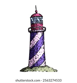 navigation lighthouse hand drawn. maritime coastal, tower lightkeeper, lens signal navigation lighthouse vector sketch. isolated color illustration