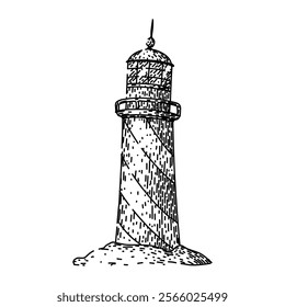 navigation lighthouse hand drawn. maritime coastal, tower lightkeeper, lens signal navigation lighthouse vector sketch. isolated black illustration