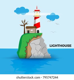 Navigation lighthouse and small cozy house on a rock stones island in sea or ocean. Vector illustration in bright colors, mix of flat and realistic styles. Suitable for brochure, books, backgrounds.
