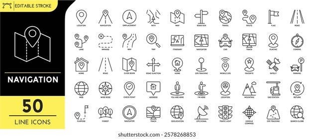 
Navigation line editable icon set. editable stroke. location, navigation, trip. path, maps, road sign, route, road,lane, cars, track, planing, you are here, trafic ligh, and more. Vector Illustration